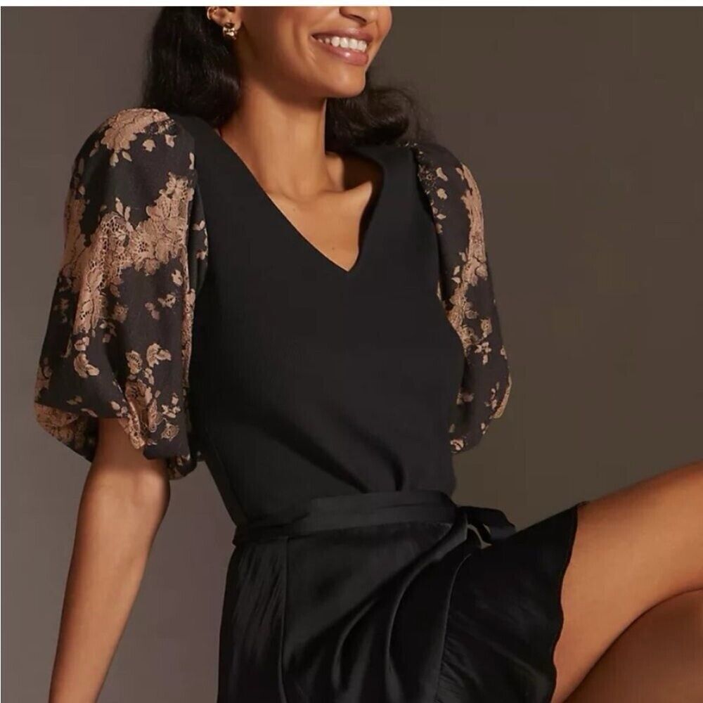 Dolan Anthropologie Top XS Black Puff Sleeve Boho CottageCore Lace Romantic